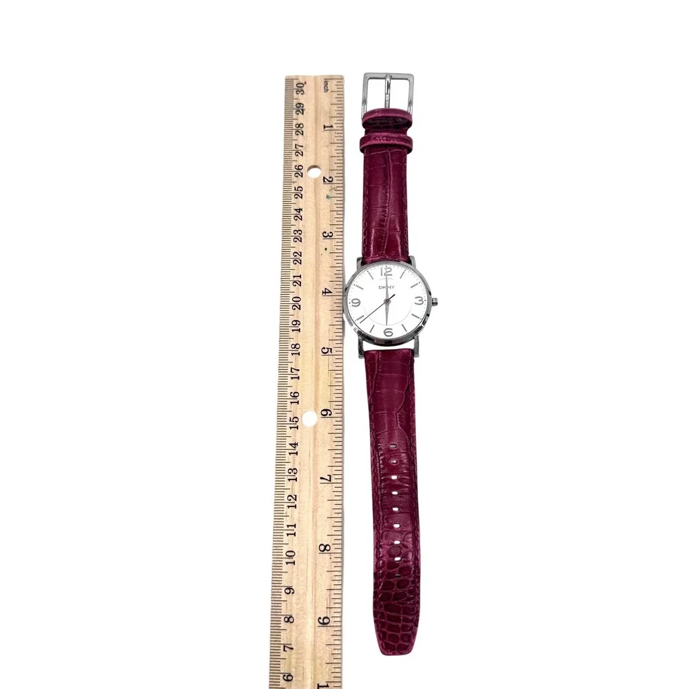 DKNY Women's Watch Burgundy Croc Embossed Leather Silver Tone New Battery